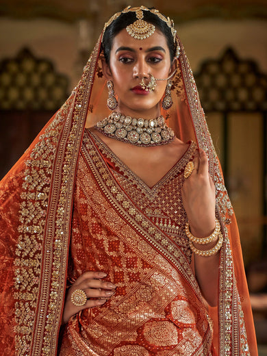 Awesome Orange Sequins Silk Bridal Wear Lehenga Choli With Double Dupatta